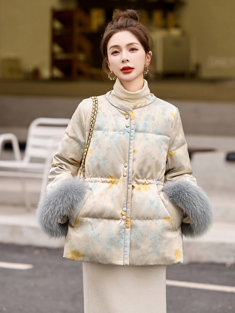 Pinched waist jacquard coat cuff down coat for women