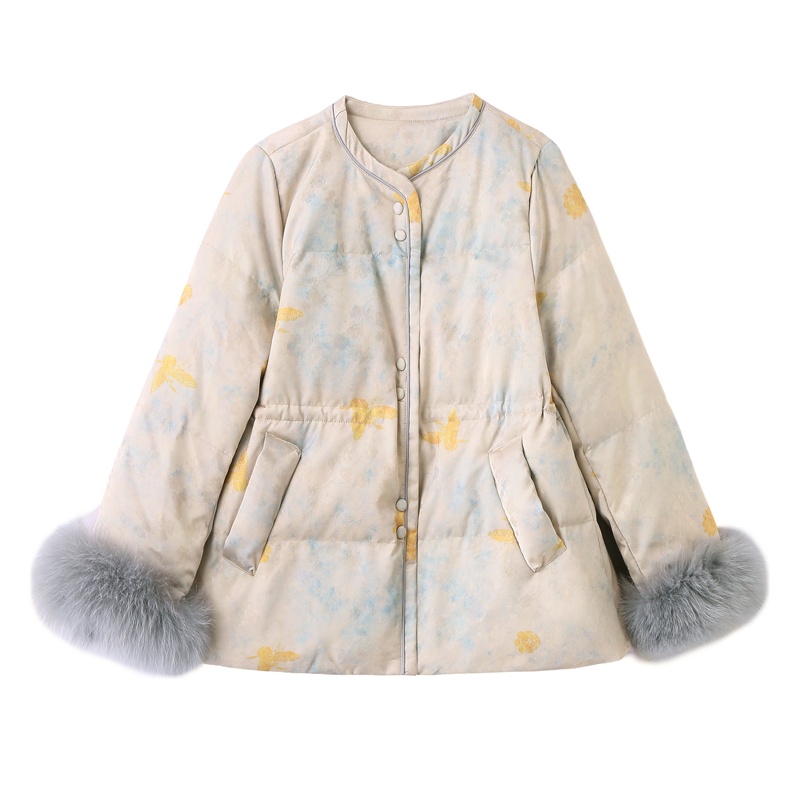 Pinched waist jacquard coat cuff down coat for women