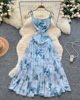 Elegant printing strap dress temperament pinched waist dress