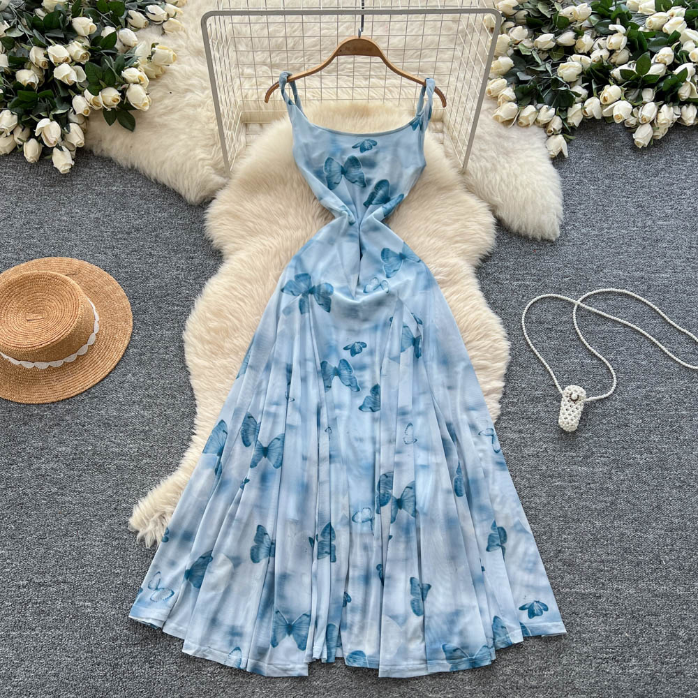Elegant printing strap dress temperament pinched waist dress