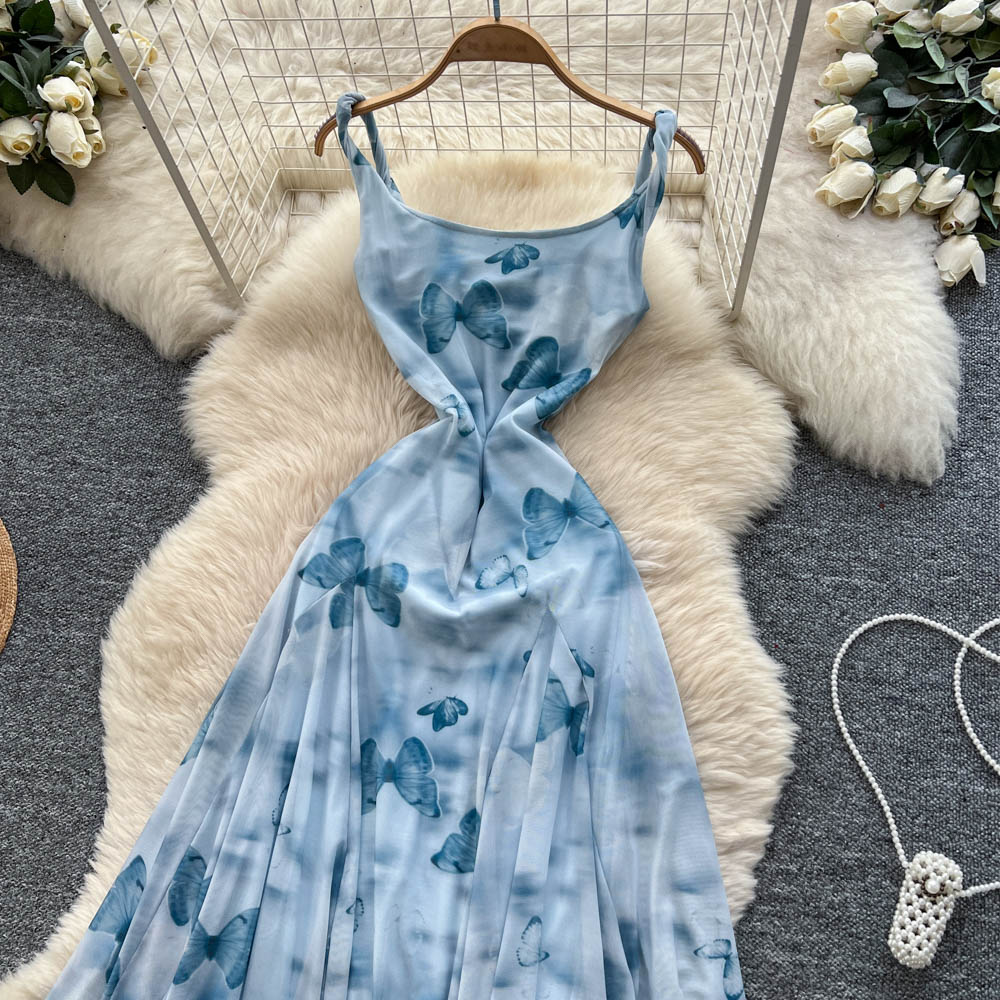 Elegant printing strap dress temperament pinched waist dress