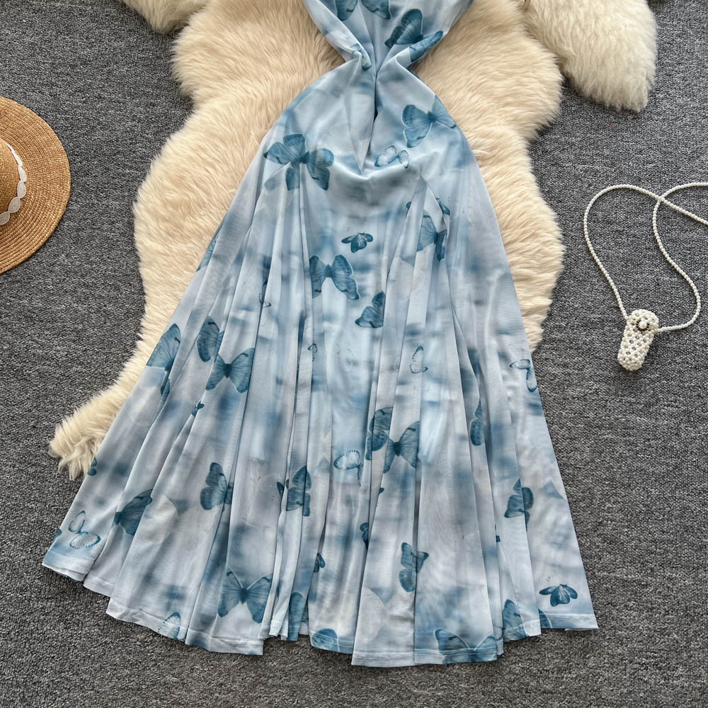 Elegant printing strap dress temperament pinched waist dress