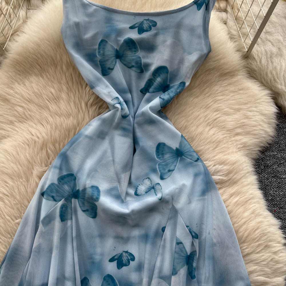 Elegant printing strap dress temperament pinched waist dress