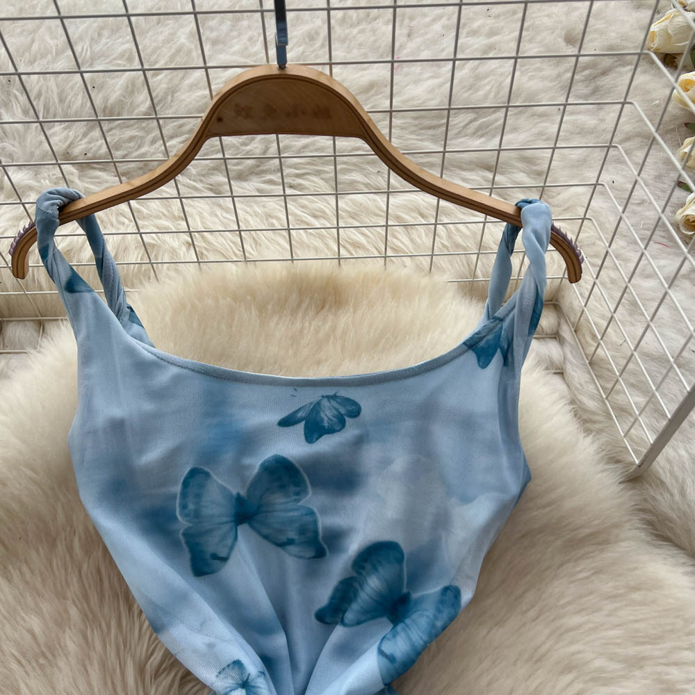 Elegant printing strap dress temperament pinched waist dress