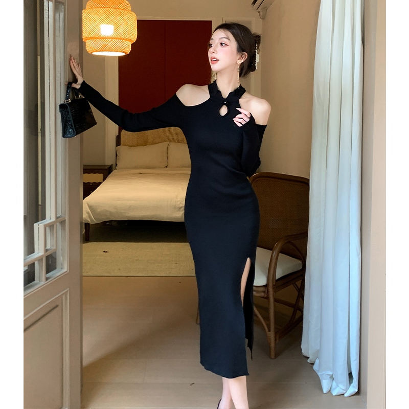 Black slim cheongsam Chinese style autumn and winter dress