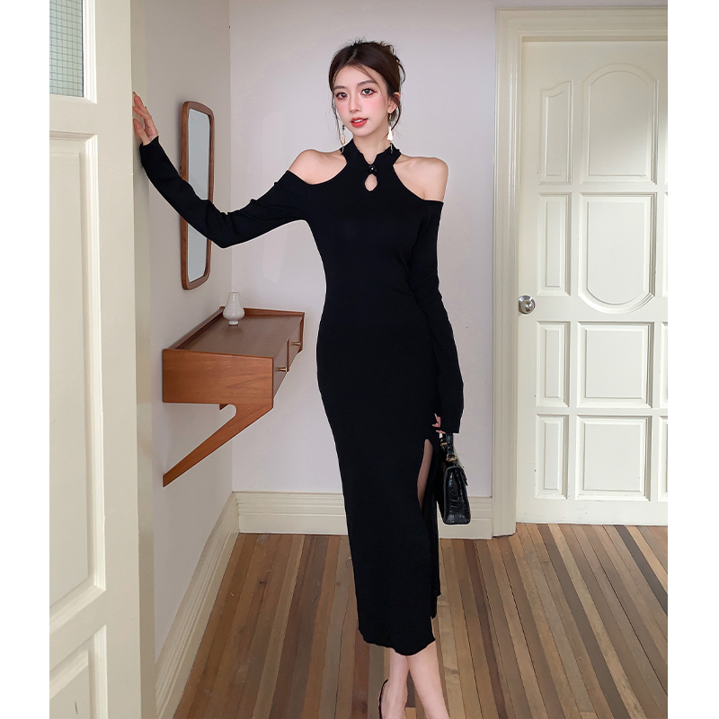 Black slim cheongsam Chinese style autumn and winter dress