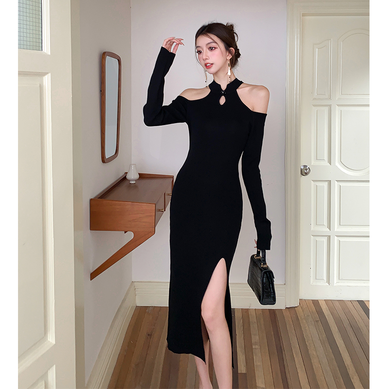 Black slim cheongsam Chinese style autumn and winter dress