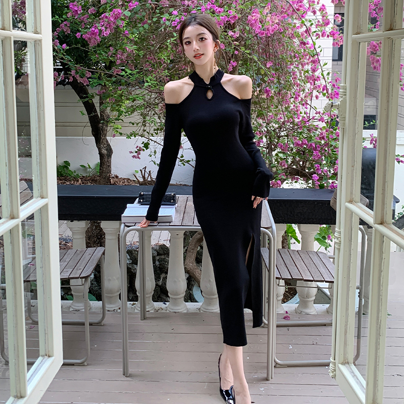Black slim cheongsam Chinese style autumn and winter dress