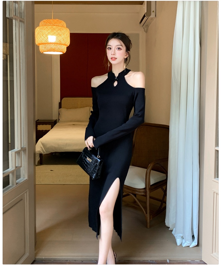 Black slim cheongsam Chinese style autumn and winter dress