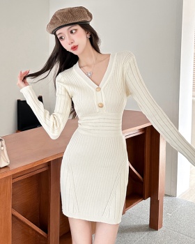 Long sleeve V-neck temperament France style ladies dress
