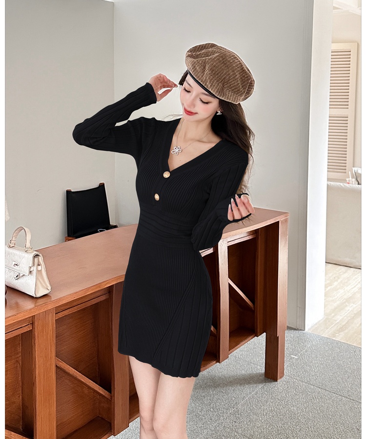 Long sleeve V-neck temperament France style ladies dress