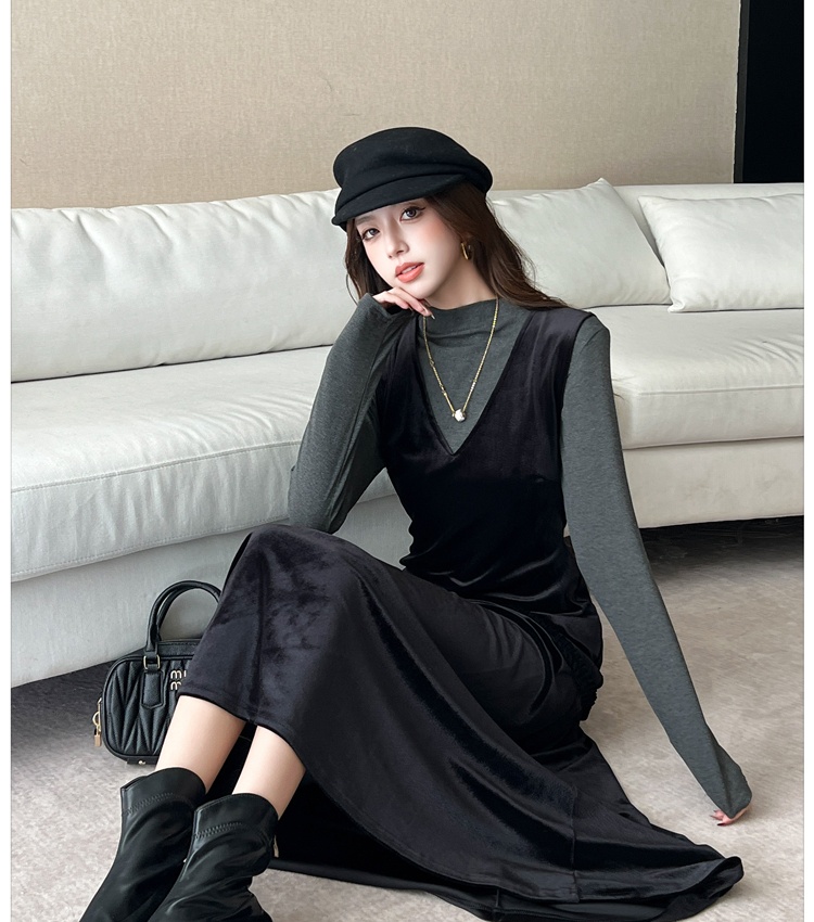 Pseudo-two bottoming shirt wood ear vest a set for women