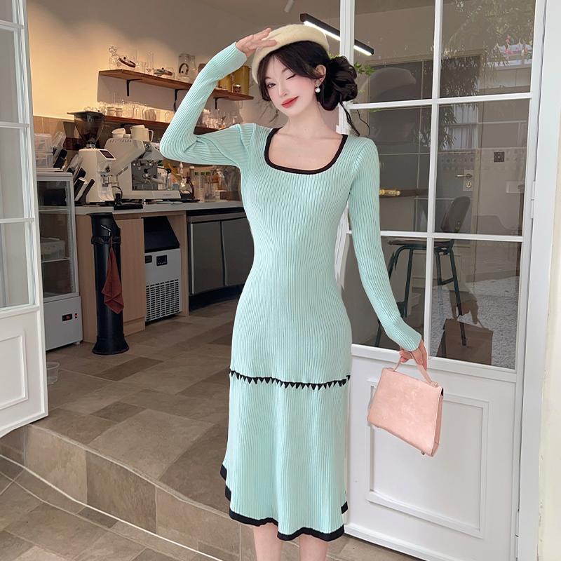 France style dress pinched waist sweater dress for women