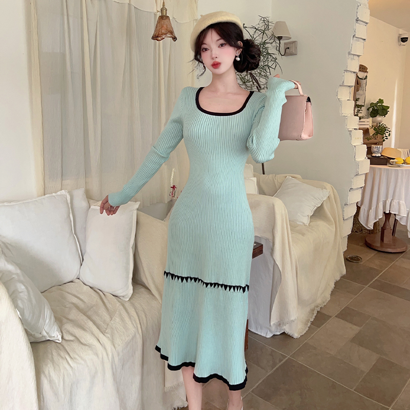 France style dress pinched waist sweater dress for women