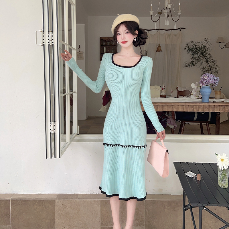 France style dress pinched waist sweater dress for women