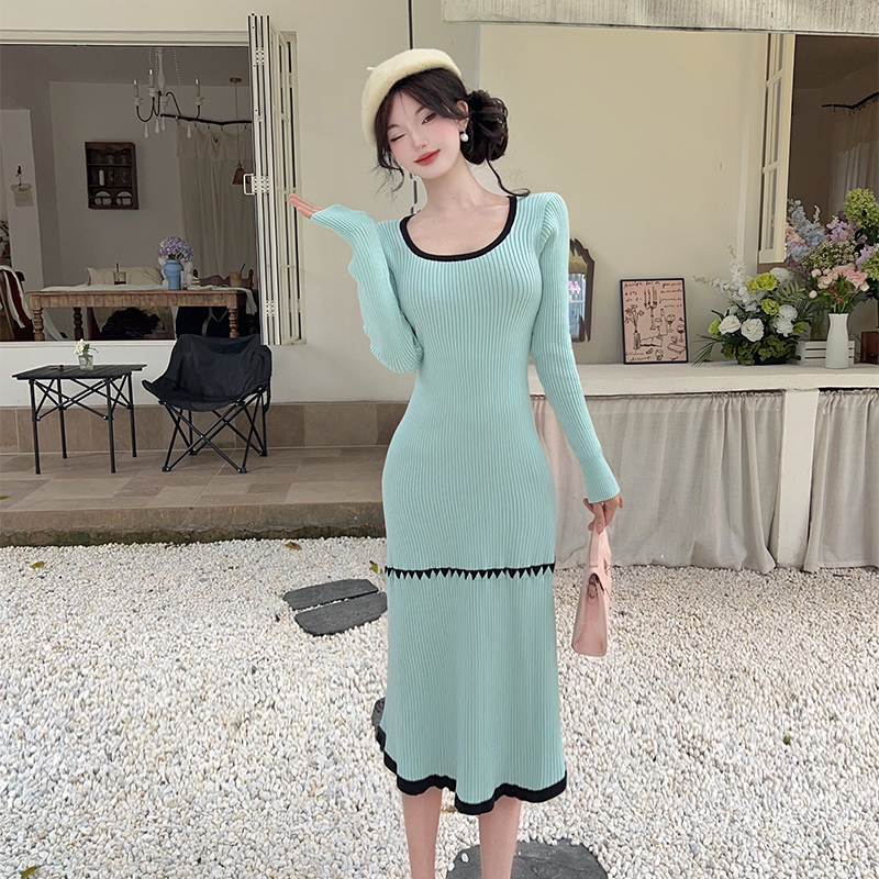 France style dress pinched waist sweater dress for women