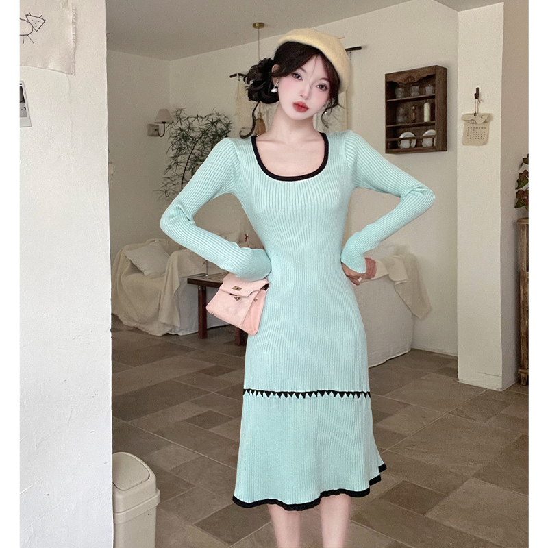 France style dress pinched waist sweater dress for women