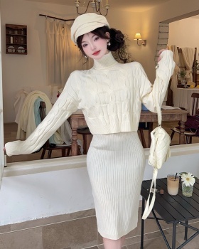 Twist knitted sweater long sling dress 2pcs set