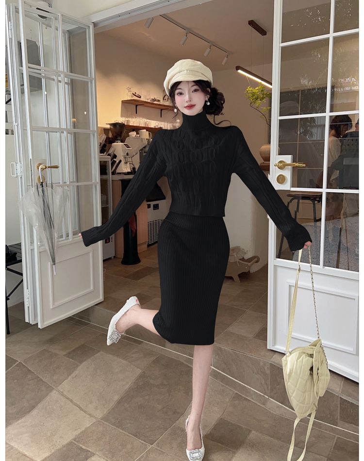 Twist knitted sweater long sling dress 2pcs set