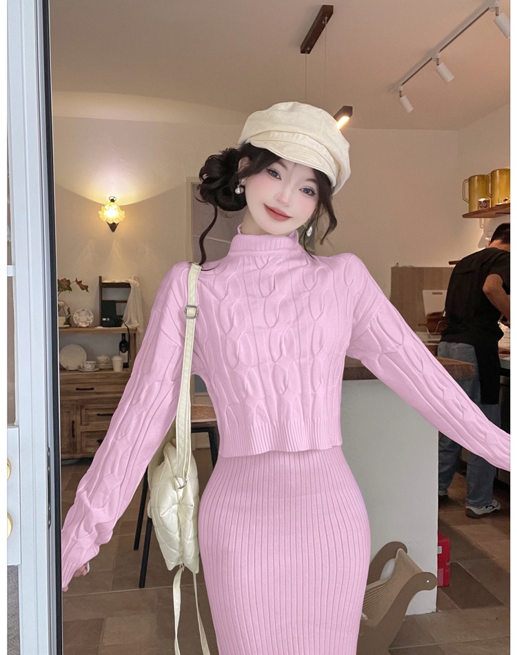 Twist knitted sweater long sling dress 2pcs set