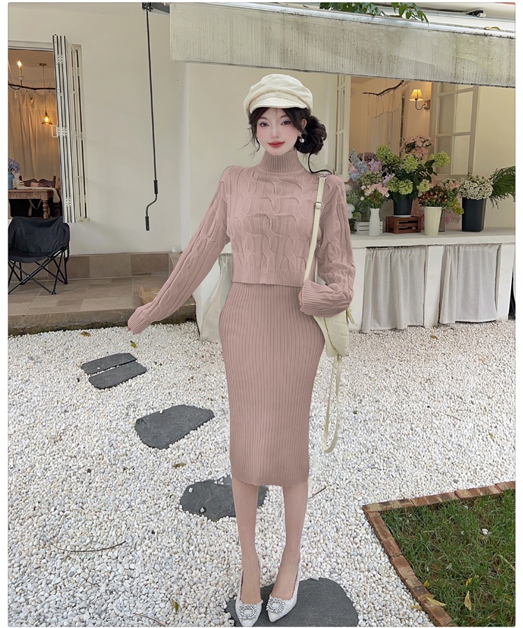 Twist knitted sweater long sling dress 2pcs set