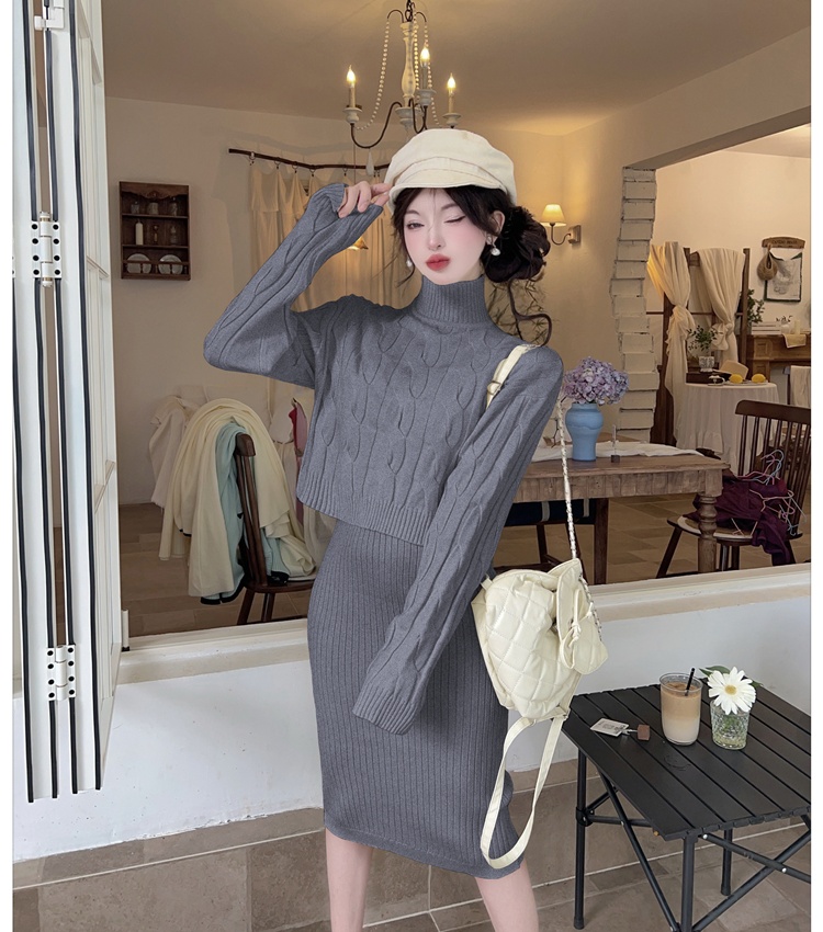 Twist knitted sweater long sling dress 2pcs set