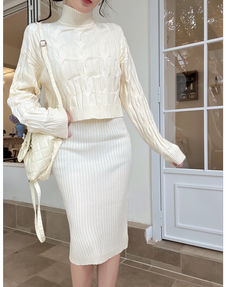 Twist knitted sweater long sling dress 2pcs set