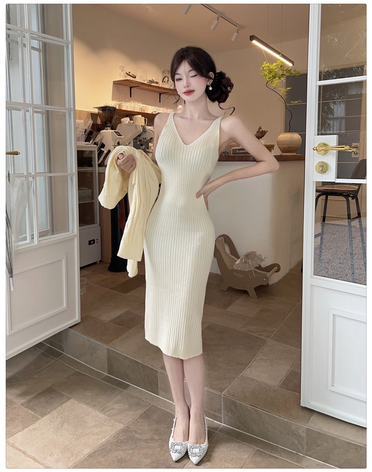 Twist knitted sweater long sling dress 2pcs set