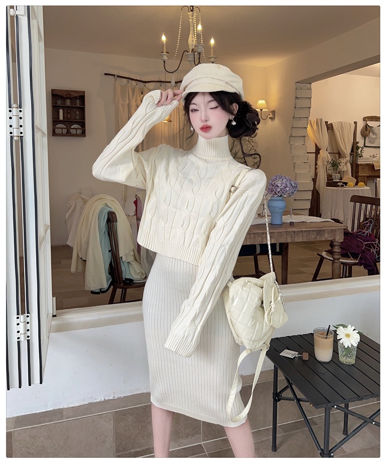 Twist knitted sweater long sling dress 2pcs set