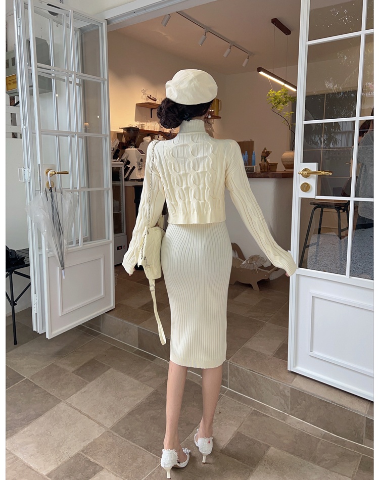 Twist knitted sweater long sling dress 2pcs set