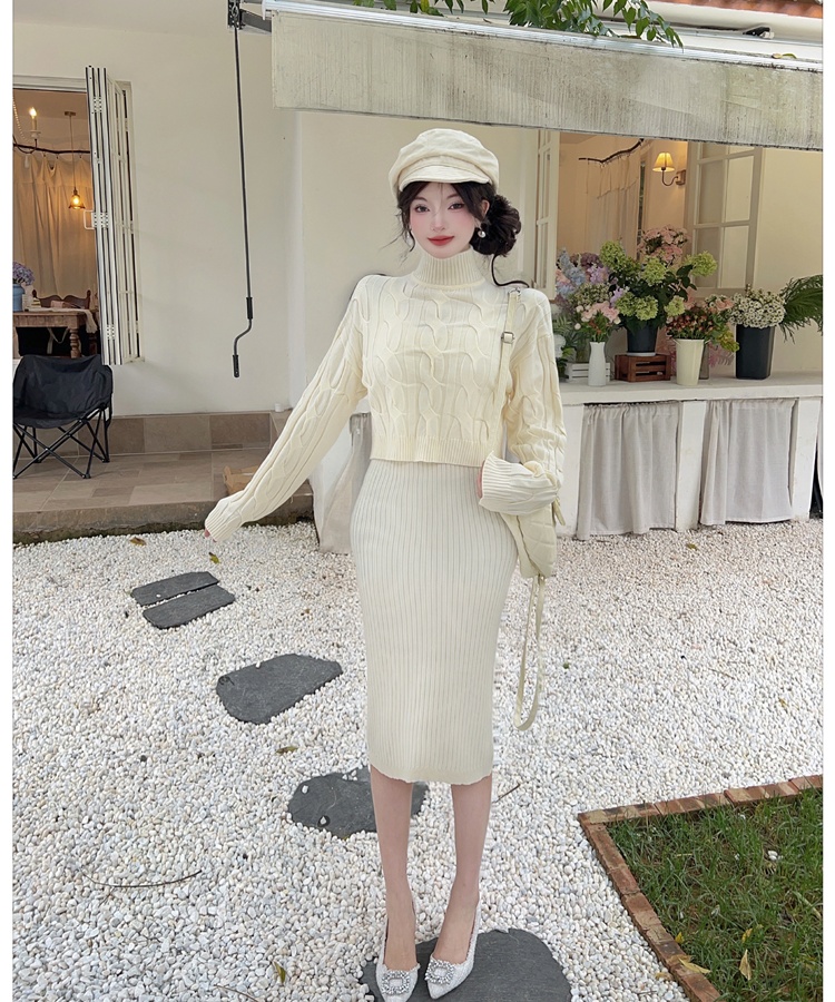 Twist knitted sweater long sling dress 2pcs set