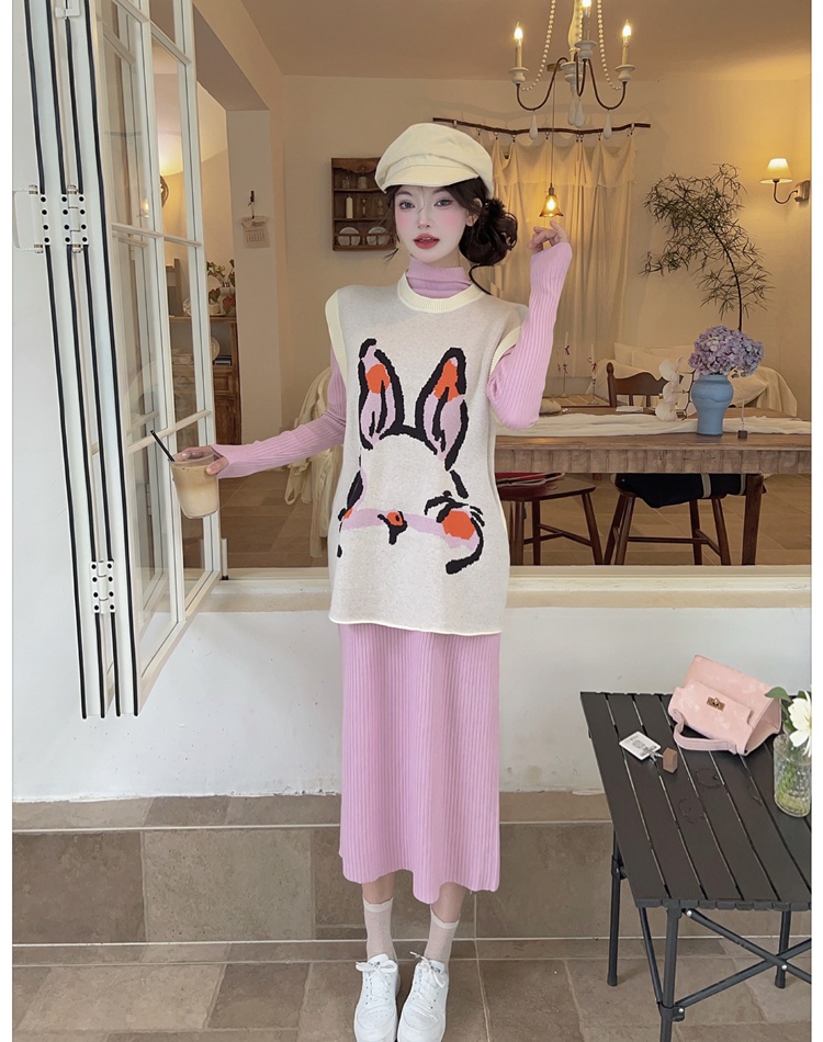 Autumn and winter long dress knitted waistcoat 2pcs set