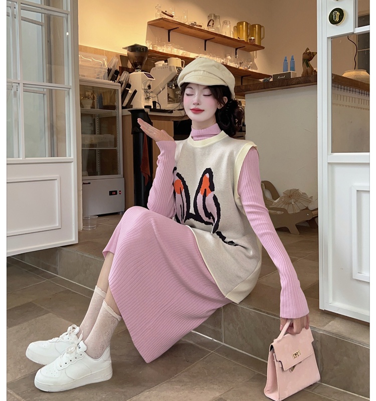 Autumn and winter long dress knitted waistcoat 2pcs set