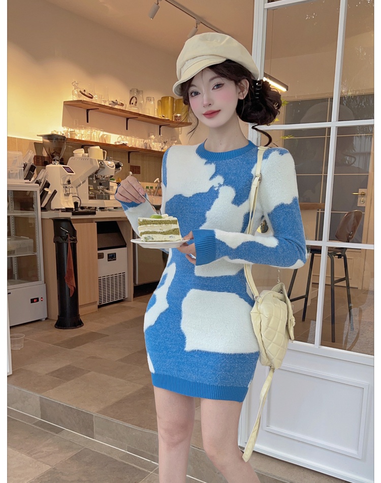 Autumn and winter knitted dress blue T-back