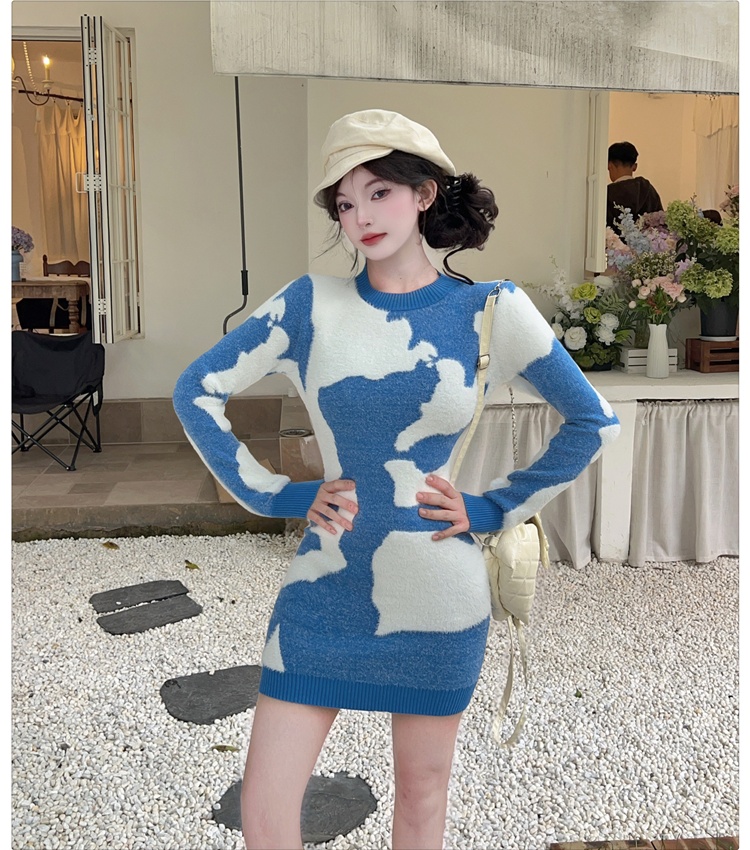 Autumn and winter knitted dress blue T-back