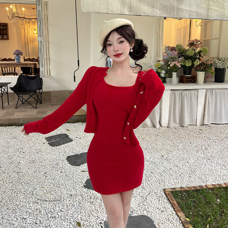 Autumn and winter dress cardigan 2pcs set