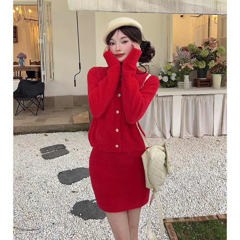 Autumn and winter dress cardigan 2pcs set