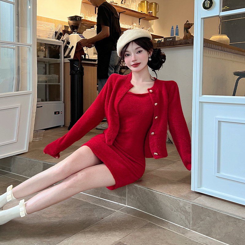 Autumn and winter dress cardigan 2pcs set