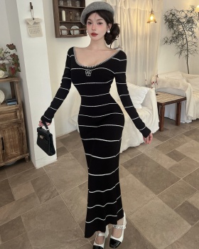 A-line mixed colors dress knitted stripe long dress