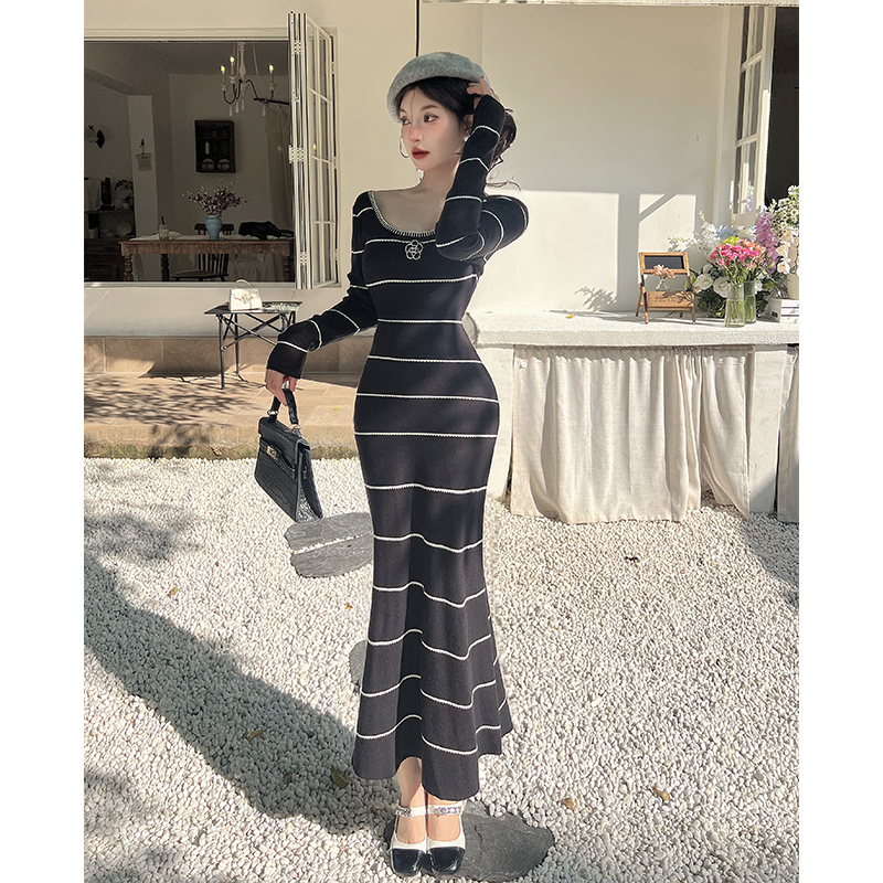 A-line mixed colors dress knitted stripe long dress