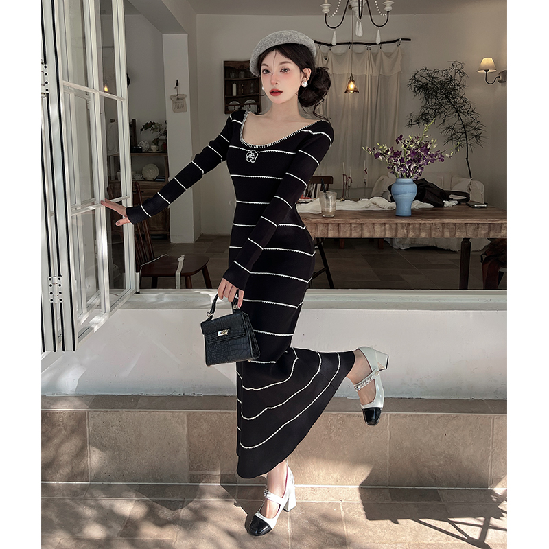 A-line mixed colors dress knitted stripe long dress