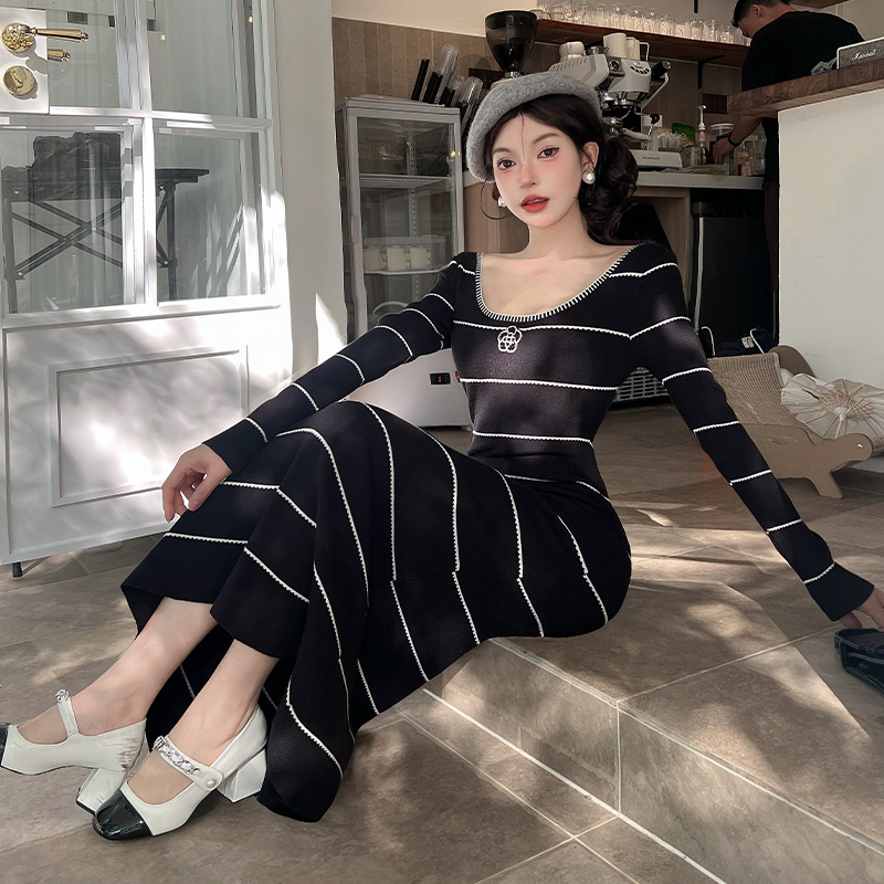 A-line mixed colors dress knitted stripe long dress