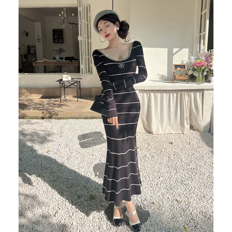 A-line mixed colors dress knitted stripe long dress