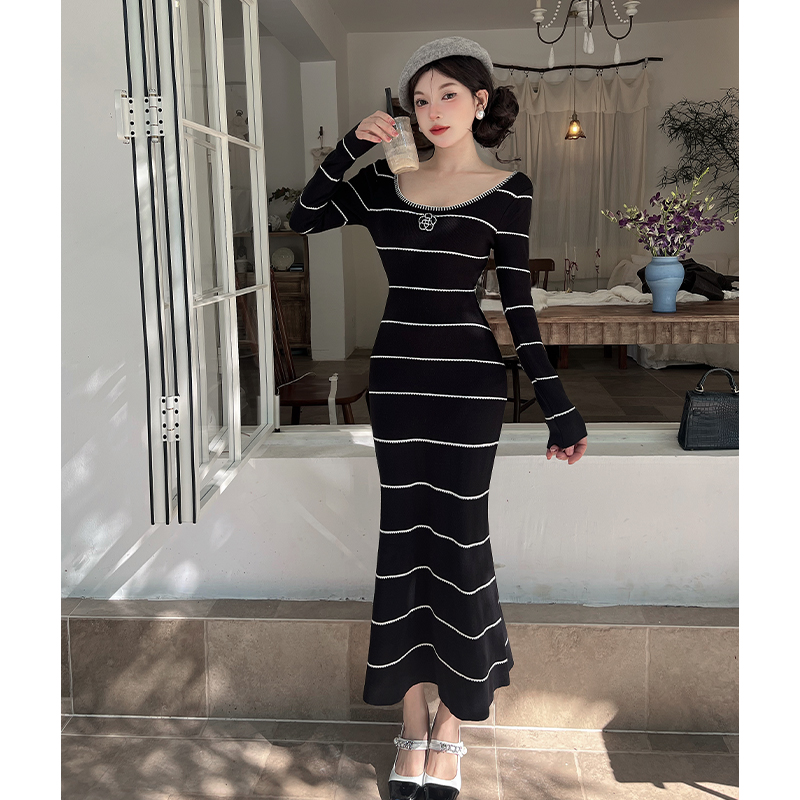A-line mixed colors dress knitted stripe long dress