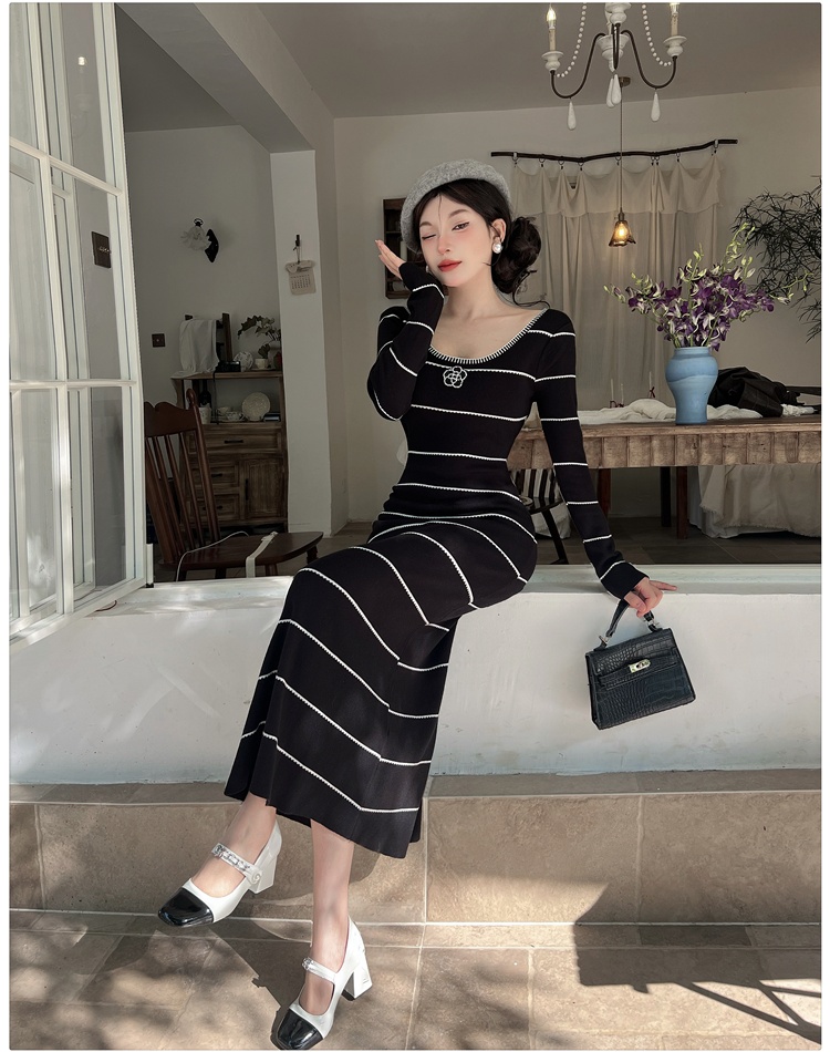 A-line mixed colors dress knitted stripe long dress