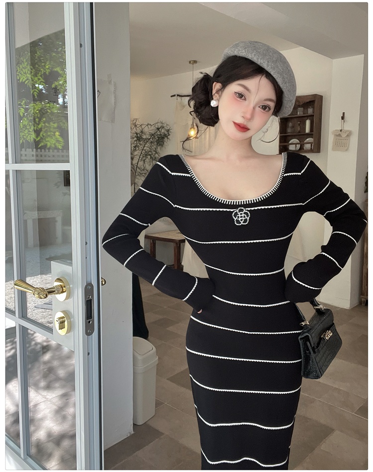A-line mixed colors dress knitted stripe long dress