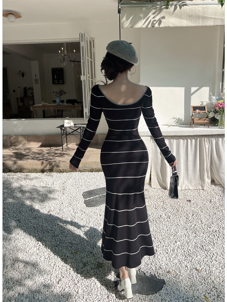 A-line mixed colors dress knitted stripe long dress