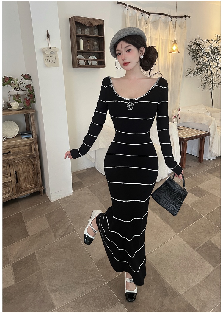 A-line mixed colors dress knitted stripe long dress