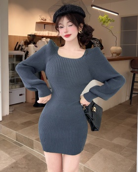 Package hip puff sleeve T-back autumn and winter dress