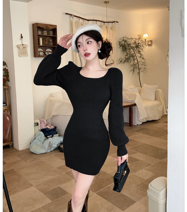 Package hip puff sleeve T-back autumn and winter dress